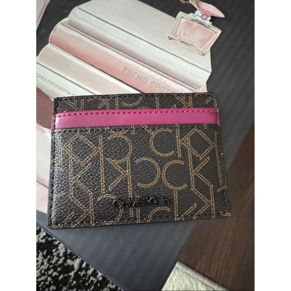 Calvin Klein Brown Monogram Card Holder with Pink Trim